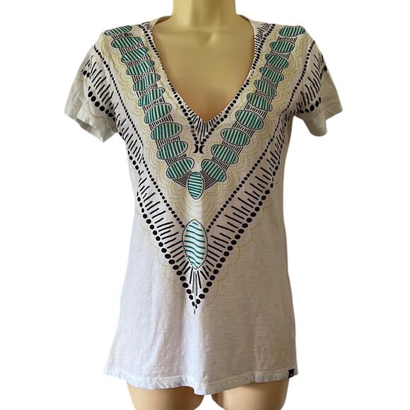 Hurley Size M White Geometric Print V-Neck Tee Shirt - Picture 1 of 9